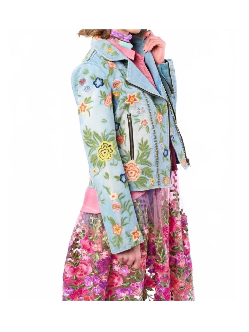 Sold out AR.NWT $240 Aratta Lucinda Embroidered Denim  Light Blue Floral Moto - Picture 3 of 4